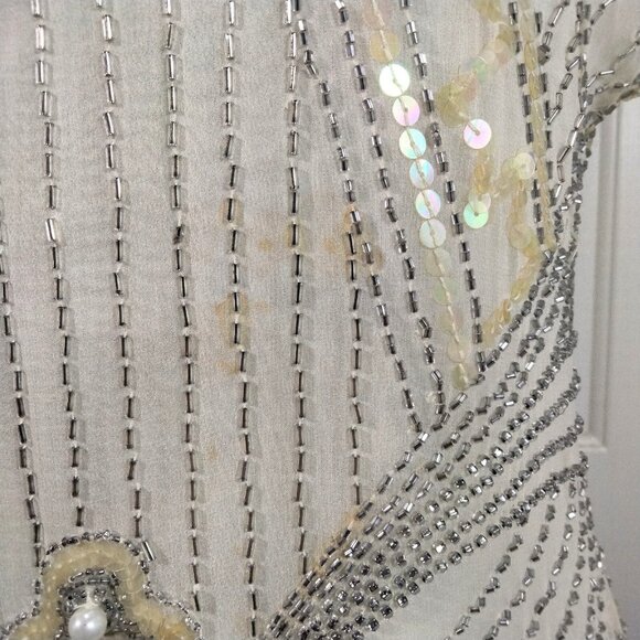 Vintage Lillie Rubin Silk Off White Beaded Dress Sz S Flapper Roaring 20s Retro - Picture 3 of 16